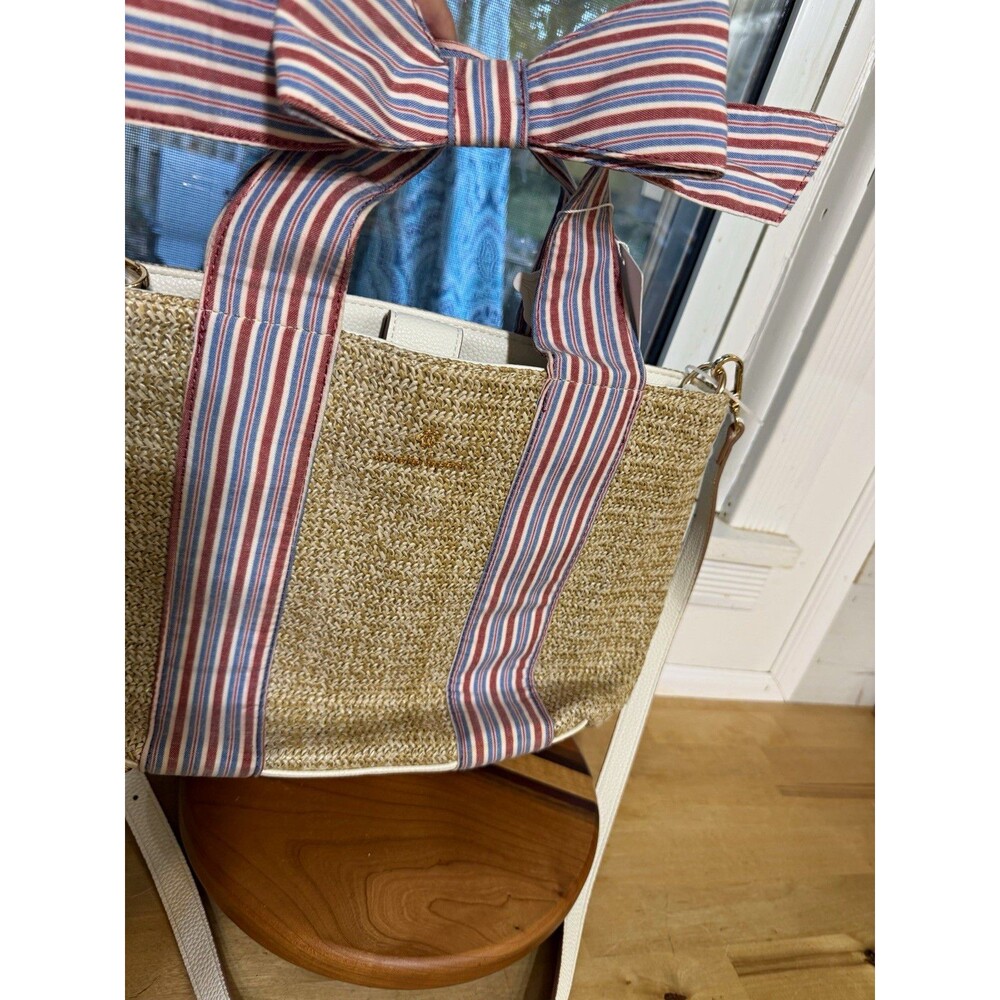 Nanette Lepore Betsy Straw Striped Tote Bag Magnetic/Zip Lined Detach Strap